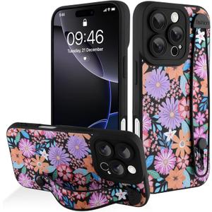 AIGOMARA for iPhone 16 Pro Case with Strap, Cute Floral Silicone, Black | Cute Colorful Floral Flowers Pattern, Soft Silicone Wristband Kickstand Full Camera Protective Cover for Women Girls
