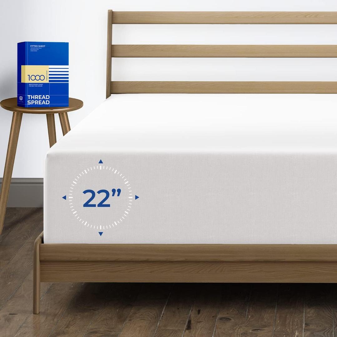 Thread Spread Luxury Egyptian Cotton King Fitted Sheet - 1000-Thread-Count 22" Deep Pocket King Size Fitted Sheet, Soft, Smooth, Cooling, Sateen Weave, Extra Long Staple - White (King - 22", Bright White)