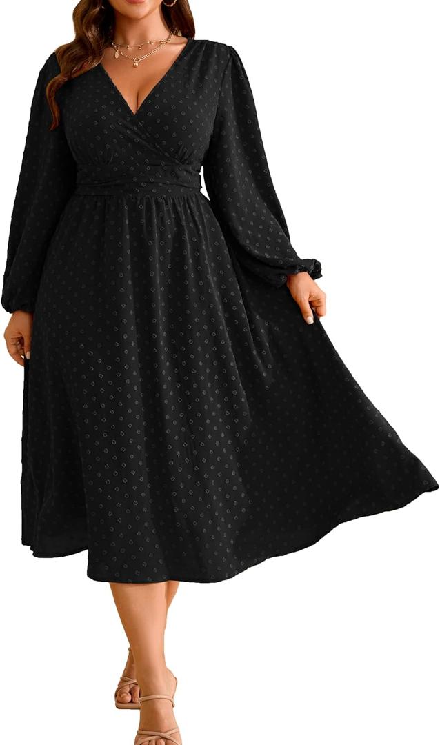Women's Plus Size Fall Wedding Guest Dress V Neck Swiss Dot Long Sleeve (Black, XXL)