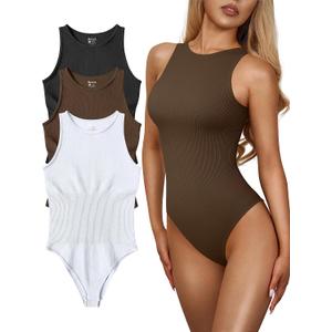 OQQ Women's 3 Piece Bodysuits Sexy Ribbed One Piece Sleeveless Halter Neck Tops Leotard Summer Trendy, Medium
