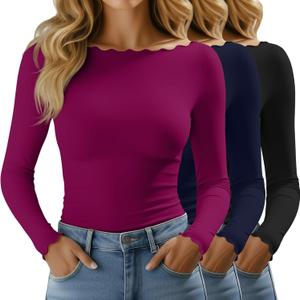 Huukeay 3 Pack Women's Long Sleeve Tops Lettuce Trim Boat Neck Shirts Slim Fit Casual Basic Fitted Tees (S)