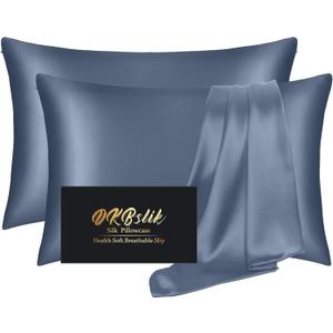 Silk Pillow Cases 2 Pack, Mulberry Silk Pillowcases Standard Set of 2, Soft, Smooth, Anti Acne, Beauty Sleep, Both Sides Natural Silk Satin Pillow Cases for Women 2 Pack with Zipper for Gift, Ash Blue
