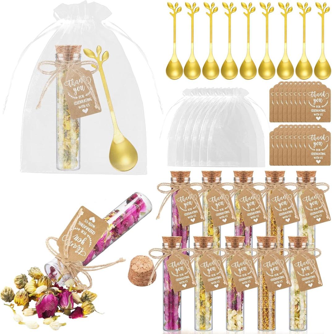 Hoolerry 24 Set Tea Party Favors Bulk Rustic Wedding Favor for Guest with 4.13'' Glass Tea Jar Stainless Steel Teaspoon Gift Tag Drawstring Organza Bag and Rope, Thank You Gift for Wedding Party