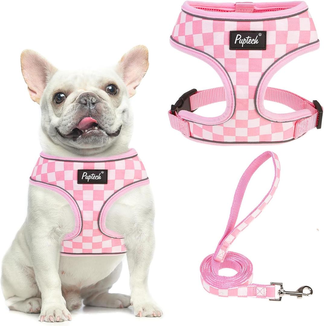 PUPTECK Soft Mesh Dog Harness and Leash Set Pet Puppy Cat Comfort Padded Vest No Pull Harnesses, Checkered Pink&White, M