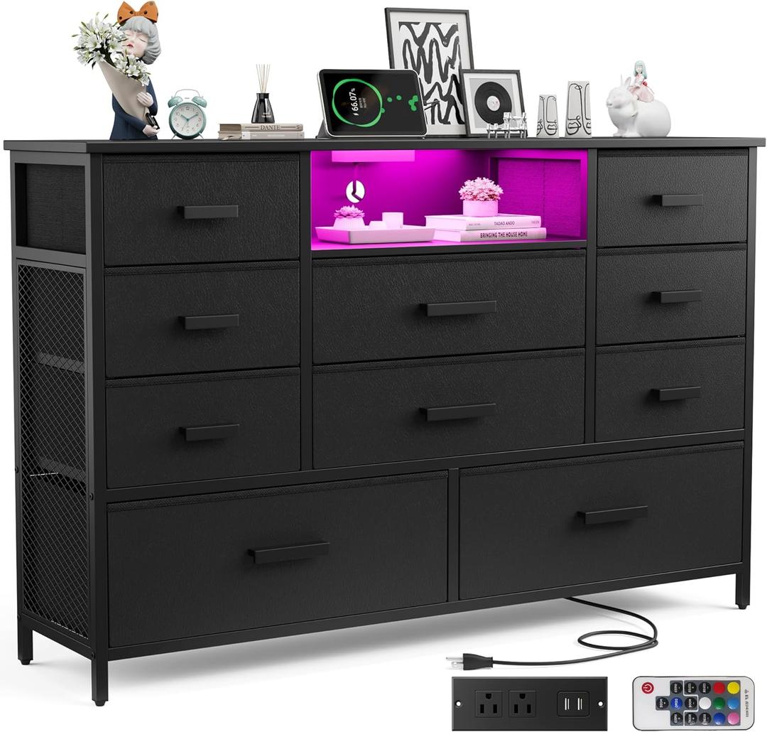Dresser with Charging Station, Black Dresser for Bedroom with 10 Drawers, TV Stand Storage with LED Light for 55" TV, Fabric Drawers with PU Finish, Morden Chest of Drawers for Bedroom, Closet