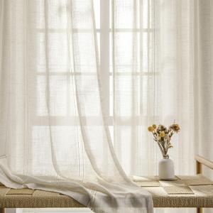 Natural Linen Sheer Curtain 95 inches Length, Rod Pocket Hollow Stripe Transparent Voile Window Drapes for Bedroom/Living Room, 2 Panels,52" Width