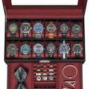 SONGMICS Watch Box, 12-Slot Watch Case Organizer with Large Glass Lid, 2 Layers, Removable Pillows, Metal Lock, Gift for Loved Ones, Black Synthetic Leather, Wine Red Lining UJWB012R01