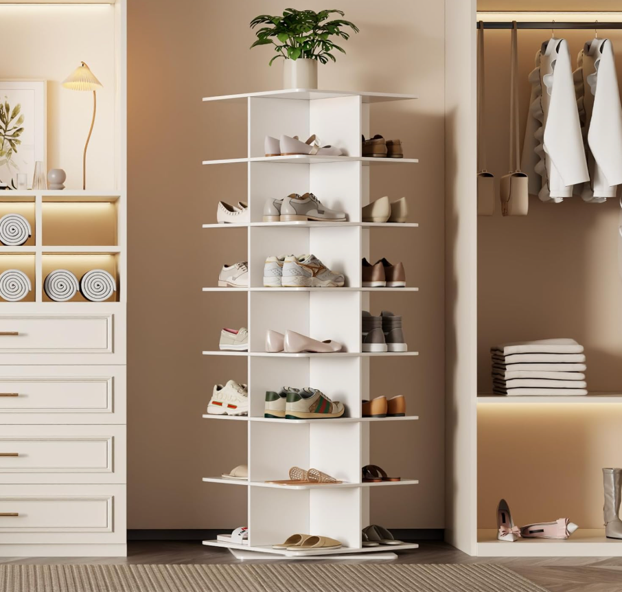 Rotating Shoe Rack Tower, PVC Material Structure, 7-Tier 360° Swivel Lightweight Shoe Organizer, Space-Saving Spinning Shoe Shelf for Entryway, Closet, Bedroom (White 21.6" W)