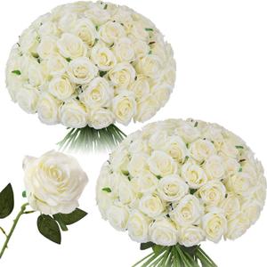 Tifuly 50pcs Roses Artificial Flowers Bulk,Realistic Long Stem Fake Silk Roses for Wedding Centerpiece Table Vases Party Home Kitchen DIY Bouquets DecorOff White