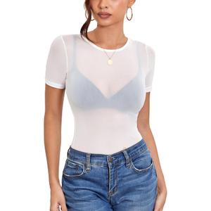 Women's Mesh Tops Short Sleeve Sheer Tee Shirts See Through Bodycon Clubwear Shirts (White, M)