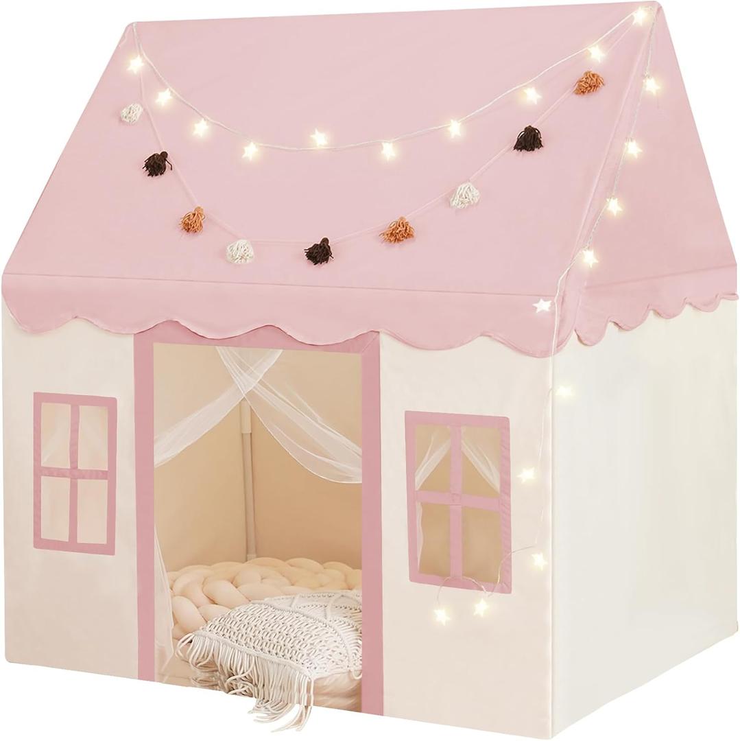 Large Kids Tent with mat, Star Lights, Tissue Garland, Play Tent Indoor & Outdoor, Kids Play Tent for Girl & Boy Aged 3+, Kids Tent for Toddler, 52" x35" x 52" Play House with Windows, Washable, Pink, Large Size