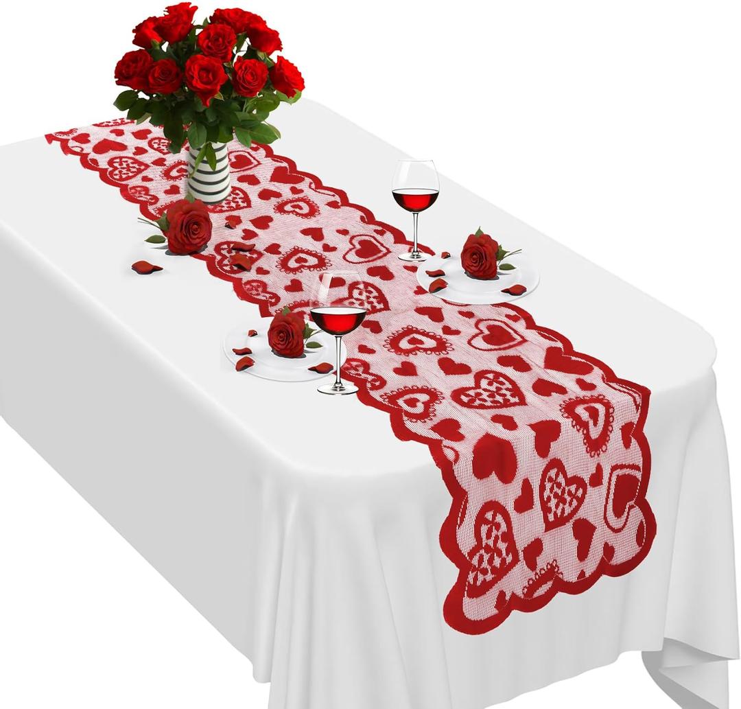 Valentines Table Runner, 13 x 72 Inch Red Heart Lace Table Runner for Valentines Decorations Romantic Home Kitchen Dining Table Decor Indoor Outdoor Wedding Holiday Anniversary Party Decorations