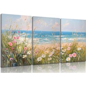 Coastal Wildflowers Wall Art Blue Ocean Landscape Wall Decor Flower Seascape Summer Painting Picture Beach Daisy Floral Poster Prints Artwork for Living Room Bedroom Home Decoratio Unframed (24L"x16W", Canvas)
