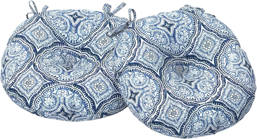 Outdoor Bistro Chair Cushions, Water Repellent Furniture Chair Pads Set of 2, Round Pillow for Decoration Home and Garden, 15x15x4, Medallion Blue