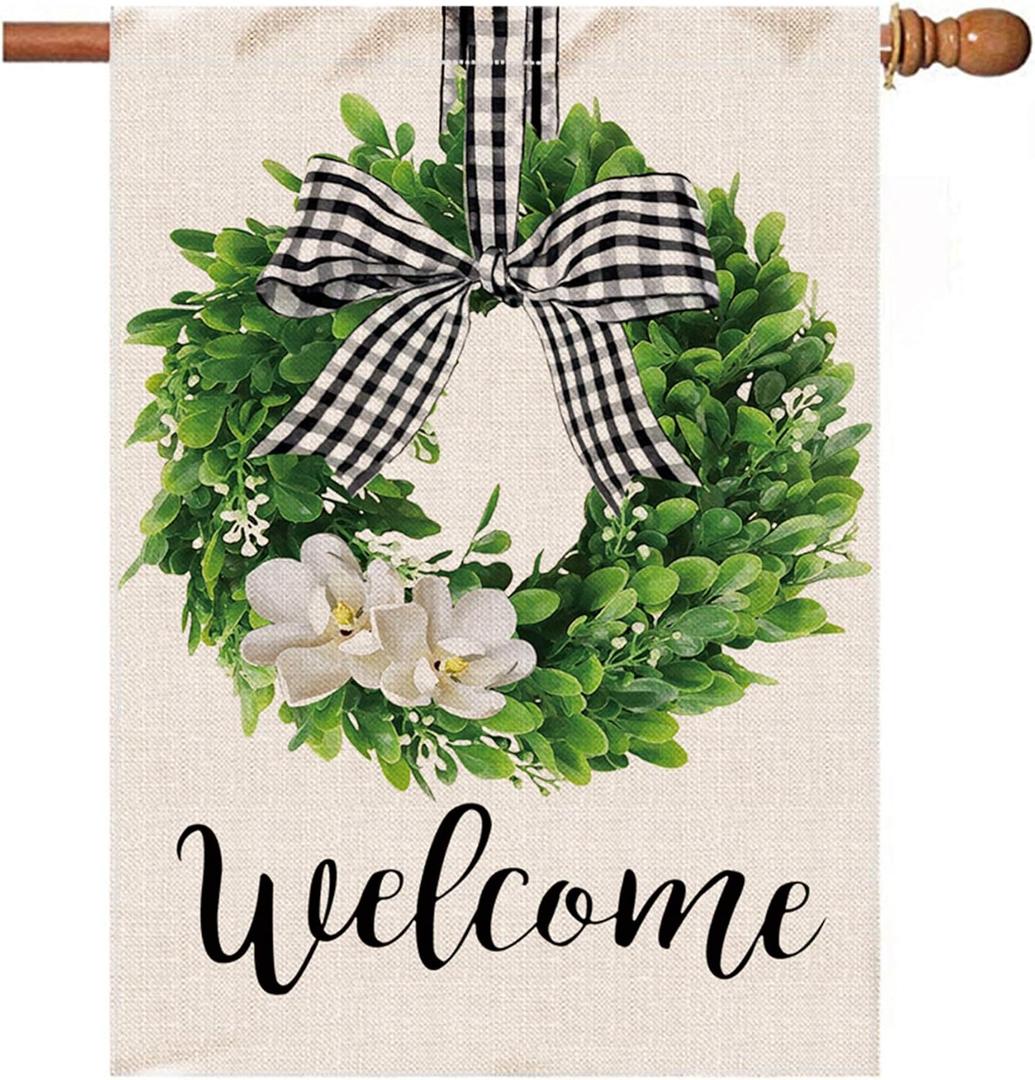 Hexagram Summer Welcome House Flag 28x40 Inch Double Sided Outside, Vertical Burlap Yard Flags for Outside Buffalo Plaid Bow Porch Summer Spring Outdoor Decor, Large Garden Flags