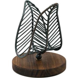 OwlGift Freestanding Modern Napkin Holder w/Golden Turquoise Wrought Iron Leaf & Brown Wooden Base Design, Tabletop Tissue Dispenser, Napkin Storage Organizer