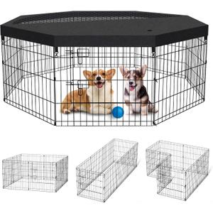 Dog Pen Pet Playpen Dog Fence Indoor Foldable Metal Wire Exercise Puppy Play Yard Pet Enclosure Indoor Outdoor 8 Panels 24 Inch with Bottom Pad/Top Cover (Black with top Cover)