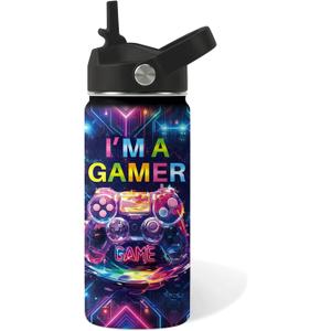 Game Gifts for Boy Girls - 16oz Kids Water Bottle with Straw, I'm A Gamer Stainless Steel Water Bottles Insulated, BPA-free, Leak-proof, Gamer Tumbler for School, Travel - Game Lovers Gift Cup(1pc)