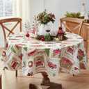 Newbridge Yuletide Christmas Tree Farm Red Barn Truck Vinyl Flannel Back Tablecloth, 70 Inch Round, Nostalgic Holiday Wipe Clean Easy Care Table Cover