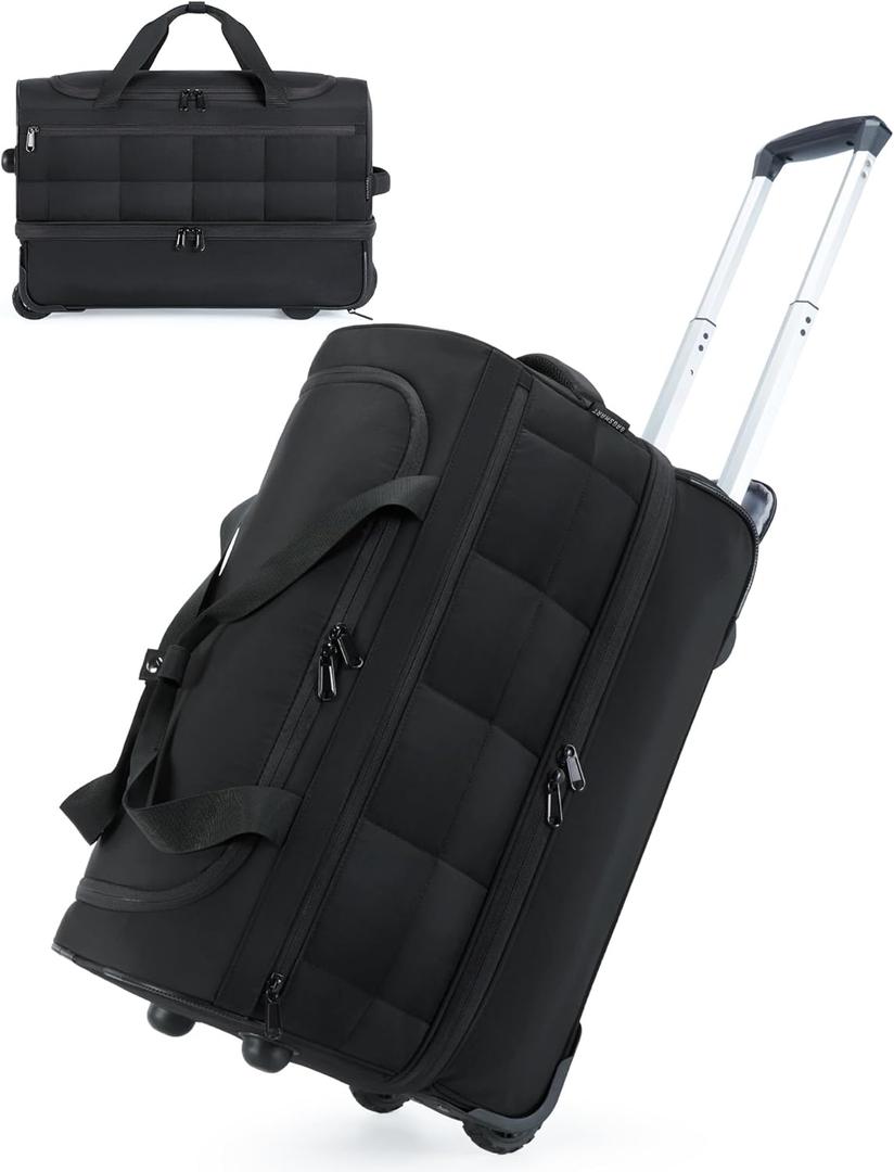BAGSMART 40L Rolling Duffle Bag with Wheels and Handle, TSA Underseat Carry On Bags for Travel with Shoe Compartment, Black