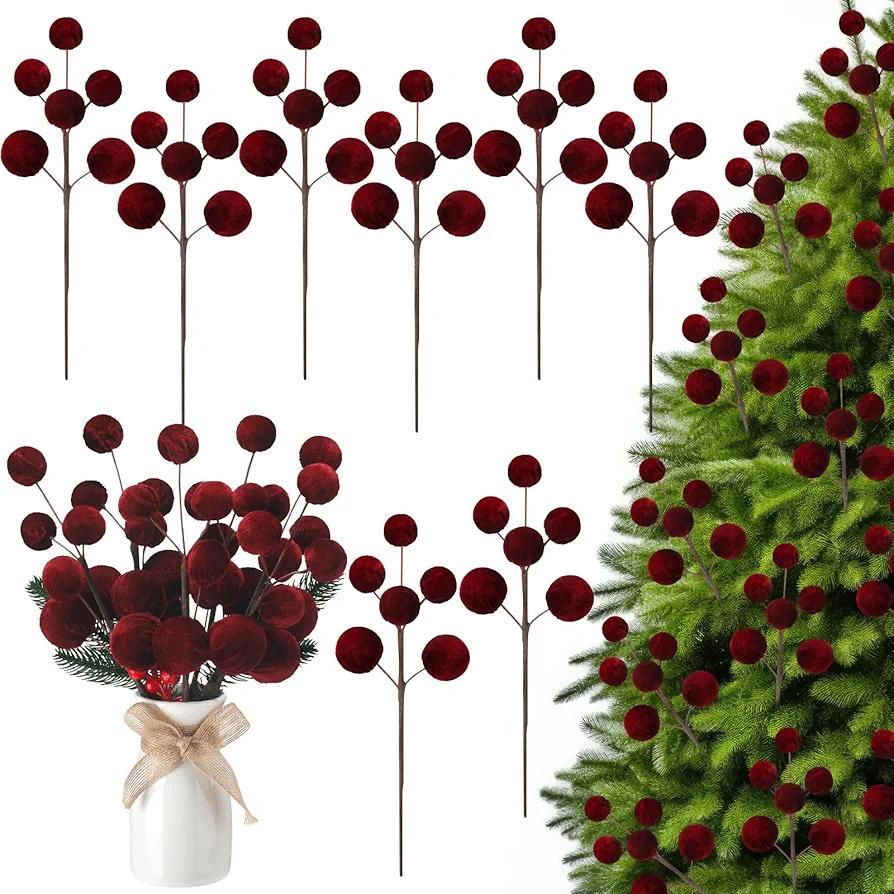 8 Pcs Burgundy Christmas Picks 14 inch Velvet Christmas Tree Ornaments Red Velvet Spheres Ball Pick Tree Decoration Xmas Branches Hanging Decoration Wreath Home Office Party Ornament