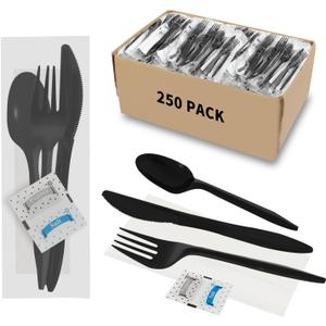 250Pack Plastic Cutlery Packets, Knife Fork Spoon Napkin Salt Pepper Sets, Individually Wrapped Black Plastic Cutlery Packets for Delivery, Cafeterias, Restaurants