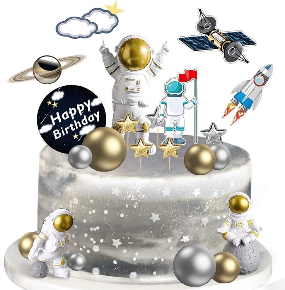 22 Pcs Space Cake Topper,Outer Space Cupcake Toppers Astronaut Figurine Decorations Birthday Space Themed Party Supplies Planet Rocket Pearl Balls and Star DIY Cake Toppers for Kids Party Baby Shower (Gold)