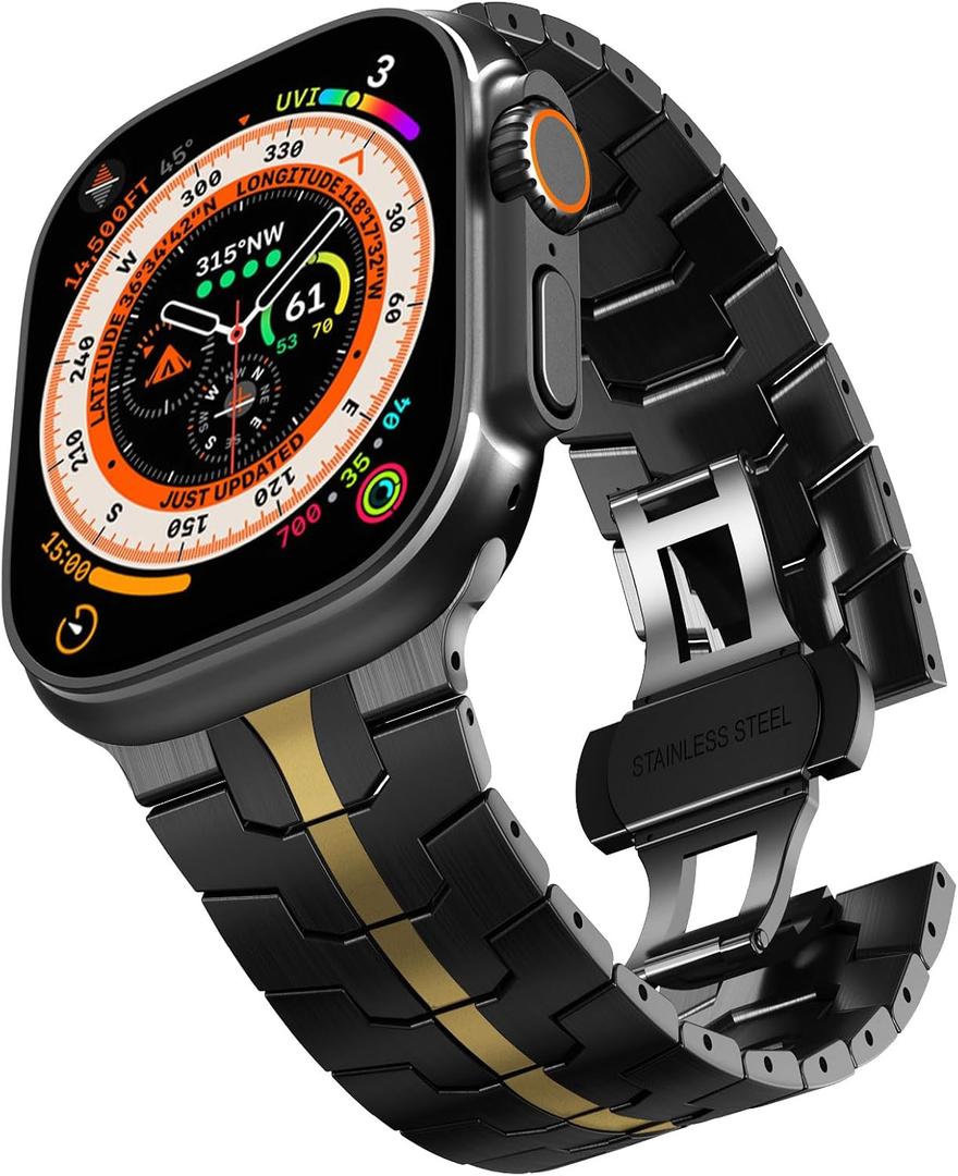 CHANCHY Stainless Steel Band for Apple Watch Band Apple Watch Ultra 3/2/1 Band 49mm, Series 11/10 46mm, 9/8/7 45mm, SE3/SE2/SE 6/5/4 44mm, 3/2/1 42mm, Metal Strap with Folding Clasp for Men, Titanium (Black/Gold)