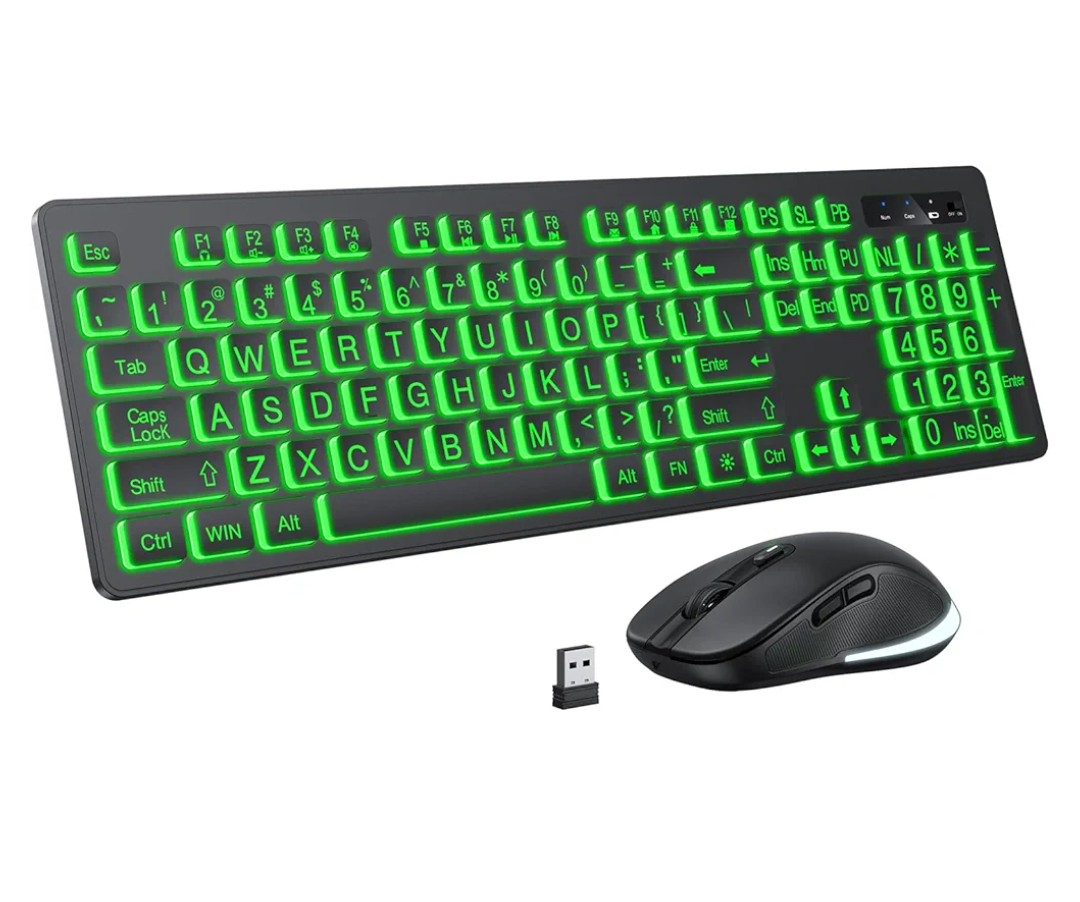 Large Print Wireless Keyboard and Mouse - 7 Color Backlit, Oversize Letters, Rechargeable, Compatible with PC, Windows, Gaming
