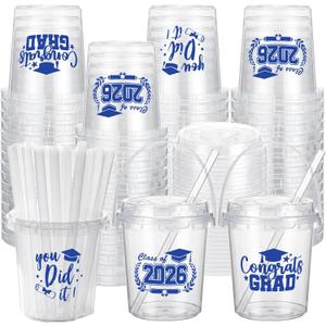 Ceenna 30 Sets 24oz Graduation Drink Buckets with Lids and Straws Class of 2026 Graduation Plastic Bucket Cups Congrats Grad Party Supplies for High School College Tailgate Party Summer Events (Blue)