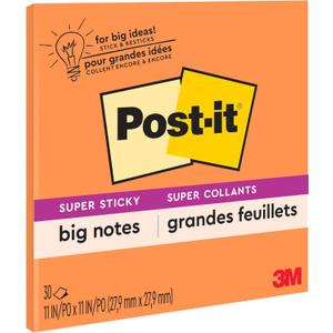 Post-it Super Sticky Big Notes, 11 in x 11 in, 1 Pad, 2X The Sticking Power, Neon Orange (BN11O) (Pack of 6)