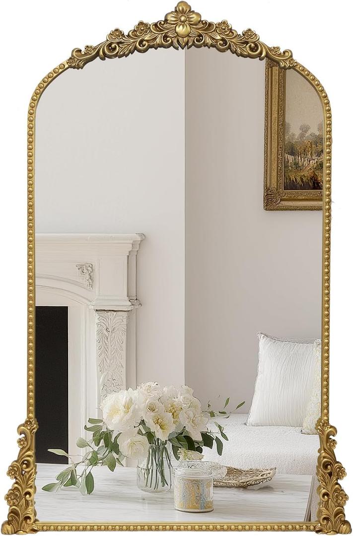 Vintage Arched Mirror, 24"x 42"Antique Baroque Mirror Style Metal Beaded Frame for Entryway Hallway Living Room,Vintage Gold
