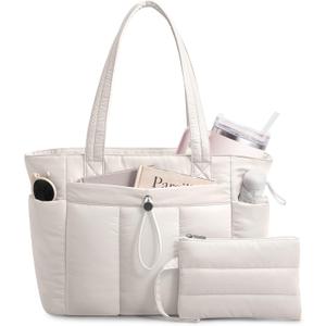 TOPDesign Puffy Tote Bag for Women with Cup Holder & Laptop Compartment & Cosmetic Bag & Trolley Sleeve for Work, Travel (Medium, Light White)