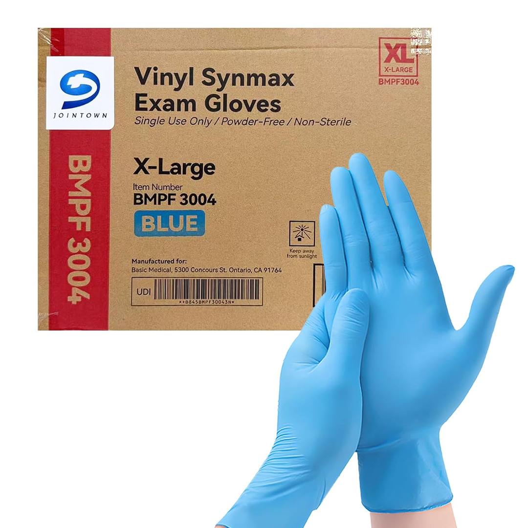 Jointown Basic Synmax Vinyl Exam Gloves Disposable Exam Gloves, 4 Mil, Blue, Latex & Powder Free, BMPF-3004 XL