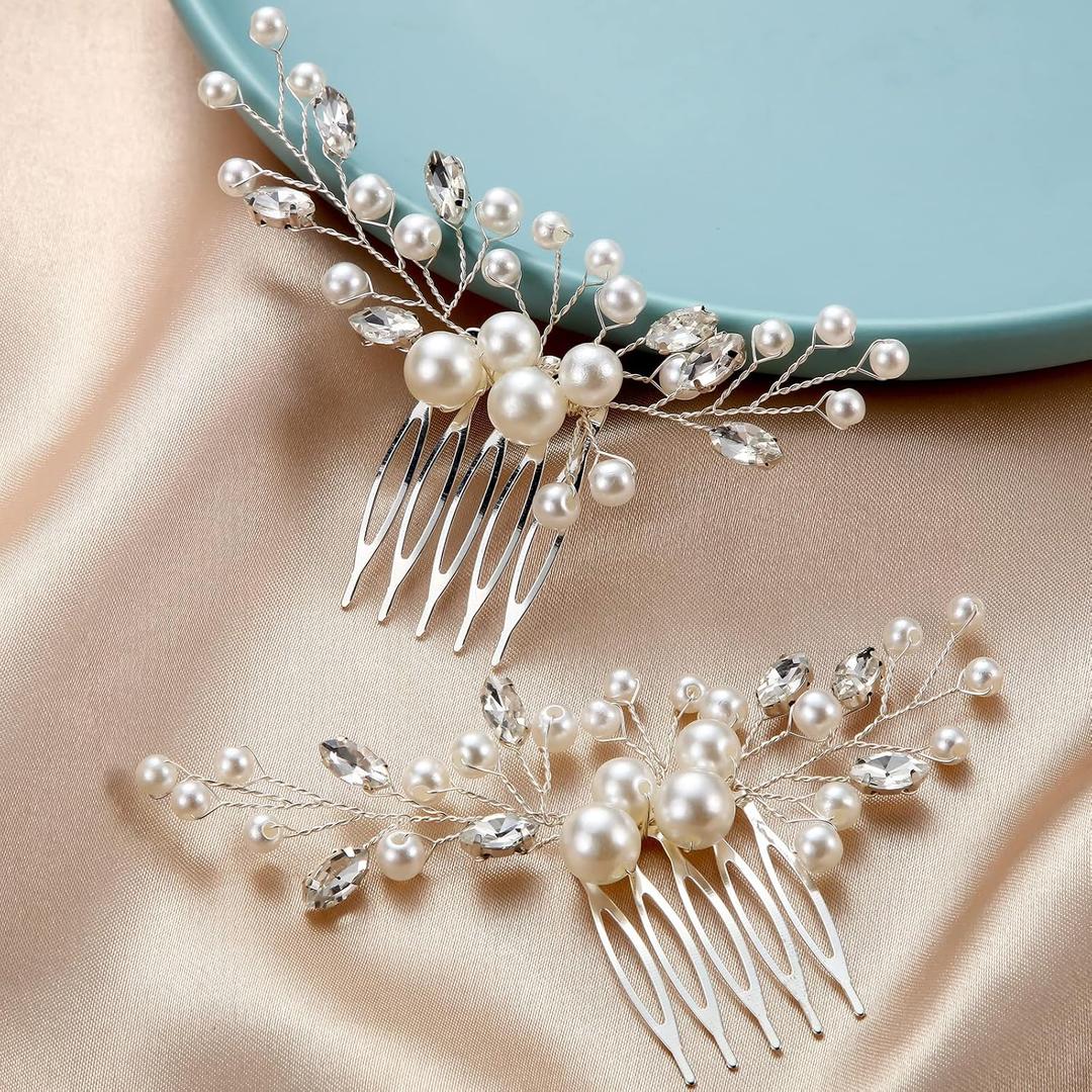 Ysleen 2 Pcs Wedding Pearl Hair Comb Bride Pearl Crystal Headpiece Flower Side Combs Hair Clip Bridal Hair Accessories for Girls Wedding Brides Bridesmaid Rhinestone, Silver