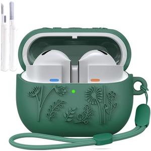 Pack of 2 Compatible with Samsung Galaxy Buds 3 Case & Galaxy Buds 3 Pro Case, 3D Floral Embossed Soft Silicone Shockproof Protective Cover with Cleaner Kit/Lanyard for Men Women, Green 