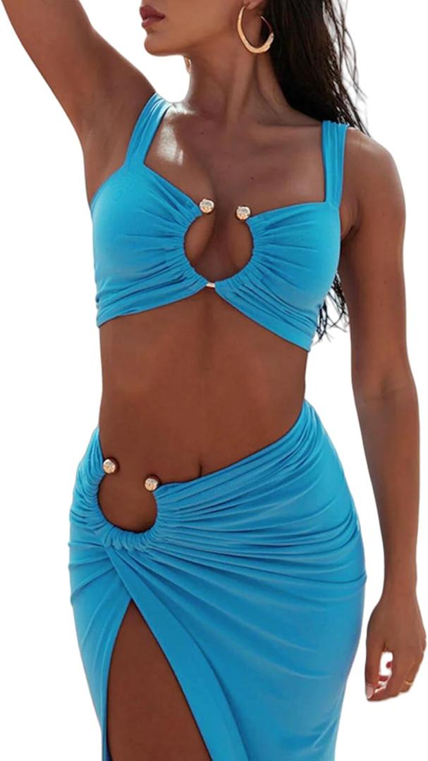 Women's Sexy 2 Piece Maxi Skirt Sets O-Ring Hollow Out Off Shoulder Crop Top High Slit Long Dress Set (Blue), S