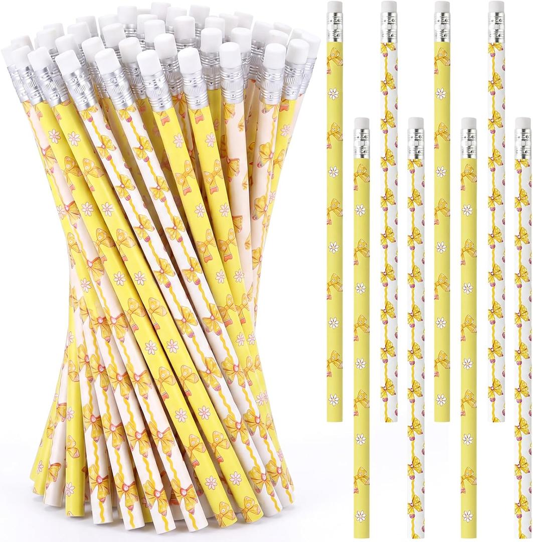 ReliThick 60 Pcs Yellow Bow Pencils with Eraser Coquette Bowknot Writing Pencil 7.4 Inches Wood Pen for Student Rewards School Classroom Office Stationery Supplies