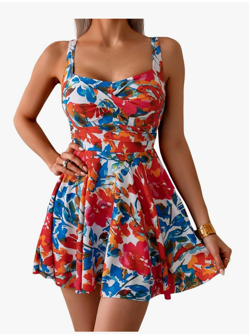 B2prity One Piece Swimdress Swimsuit for Women Tummy Control Wrap Swim Dress Modest Ruched Skirt Bathing Suit, Size -M