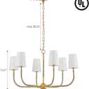 34" Boho Chandelier, with Creamy-White Fabric and Natural Rattan Arched Arms Shade Antique Brass Brush Paint Finish Pendant Lighting Fixture for Dining Room Living Room 6-Light