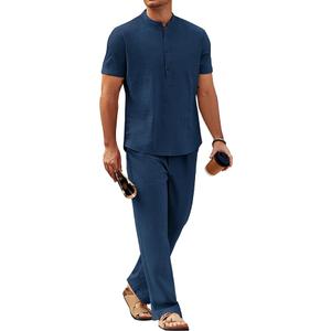 COOFANDY Mens 2 Pieces Cotton Linen Sets Short Sleeve Casual Henley Shirt Summer Beach Pants Lounge Vacation Outfits Set (X-Large, Blue)