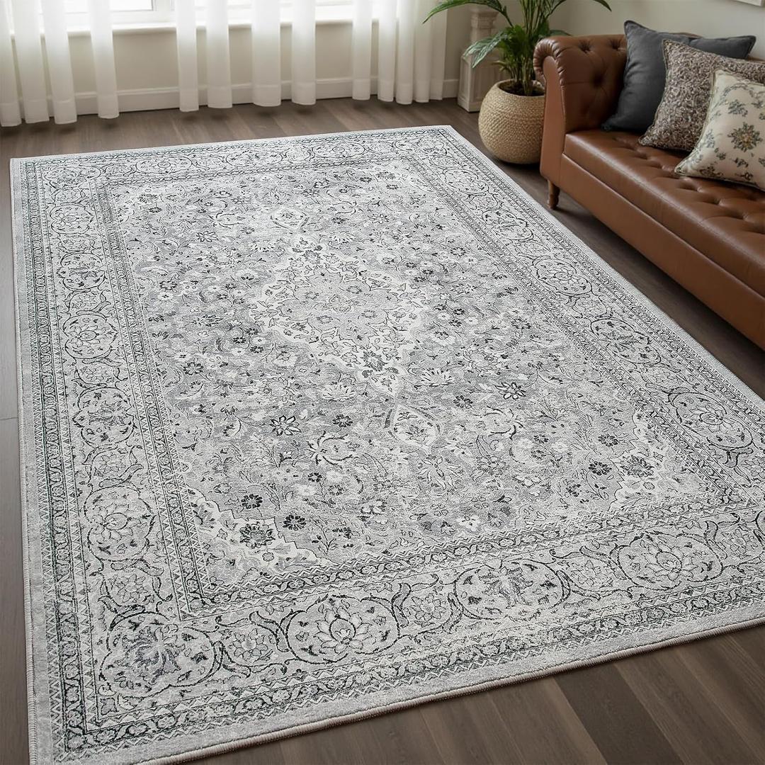 Washable Rug 4x6, Gray Area Rugs Non Slip, Indoor Low Pile Carpet with Rubber Backing for Living Room Kitchen Bathroom Entryway Office Bedroom (Grey)
