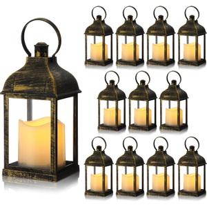 12 Set 10 Inch Bronze Decorative Candle Lanterns Bulk Lanterns Centerpiece with LED Flameless Candle Indoor Outdoor Battery Powered Hanging Lights for Wedding Mother Day Party Decoration
