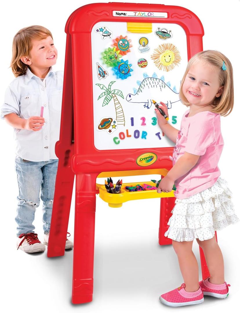 Crayola Creative Fun Double Easel for Kids – Foldable 2-Sided Art Station with Magnetic Dry-Erase Board, Chalkboard & Supply Tray – Includes 77 Magnetic Letters, Chalk & Paint Cups, 23.9 x 20.7 x 42.4 inch