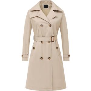 Chrisuno Women's Double Breasted Long Trench Coats Mid-Length Belted Overcoat Dress Jacket with Detachable Hood (Large, Khaki)