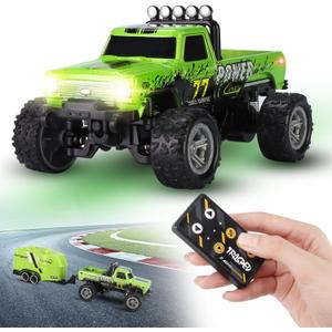 Mini RC Car, 1/64 rc car Mini Remote Control Monster Truck with Trailer & Lights, 2.4Ghz & APP Remote Control, Rechargeable Mini Alloy Monster Truck Rc, Speed/Steering Adjustable (Green)