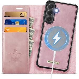 Wallet Case for Samsung Galaxy S25 Compatible with Magsafe, 2-in-1 PU Leather Flip RFID Blocking Card Holder Stand Shockproof Magnetic Detachable Cover for Galaxy S25 Case 6.2", Pink