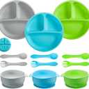 CHENGU 12 Pcs Silicone Bowl with Suction Set for Baby Toddler with Suction Plate, Spoon and Fork, Divided Design Baby Feeding Utensils Weaning Kit, Dishwasher and Microwave Safe (Bright Colors)