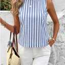 Women's Striped Sleeveless Blouses Button Down Crew Neck Split Summer Vacation Tank Tops (Blue, S)