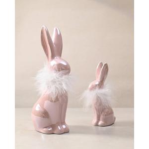 RM ROOMERS Easter 2PCS Bunny Figurine Decor Pink and White Ceramic Rabbit Statues with Fluff on Neck Plush Easter Porcelain Decoration for Home Tabletop Farmhouse Wedding Spring Gifts